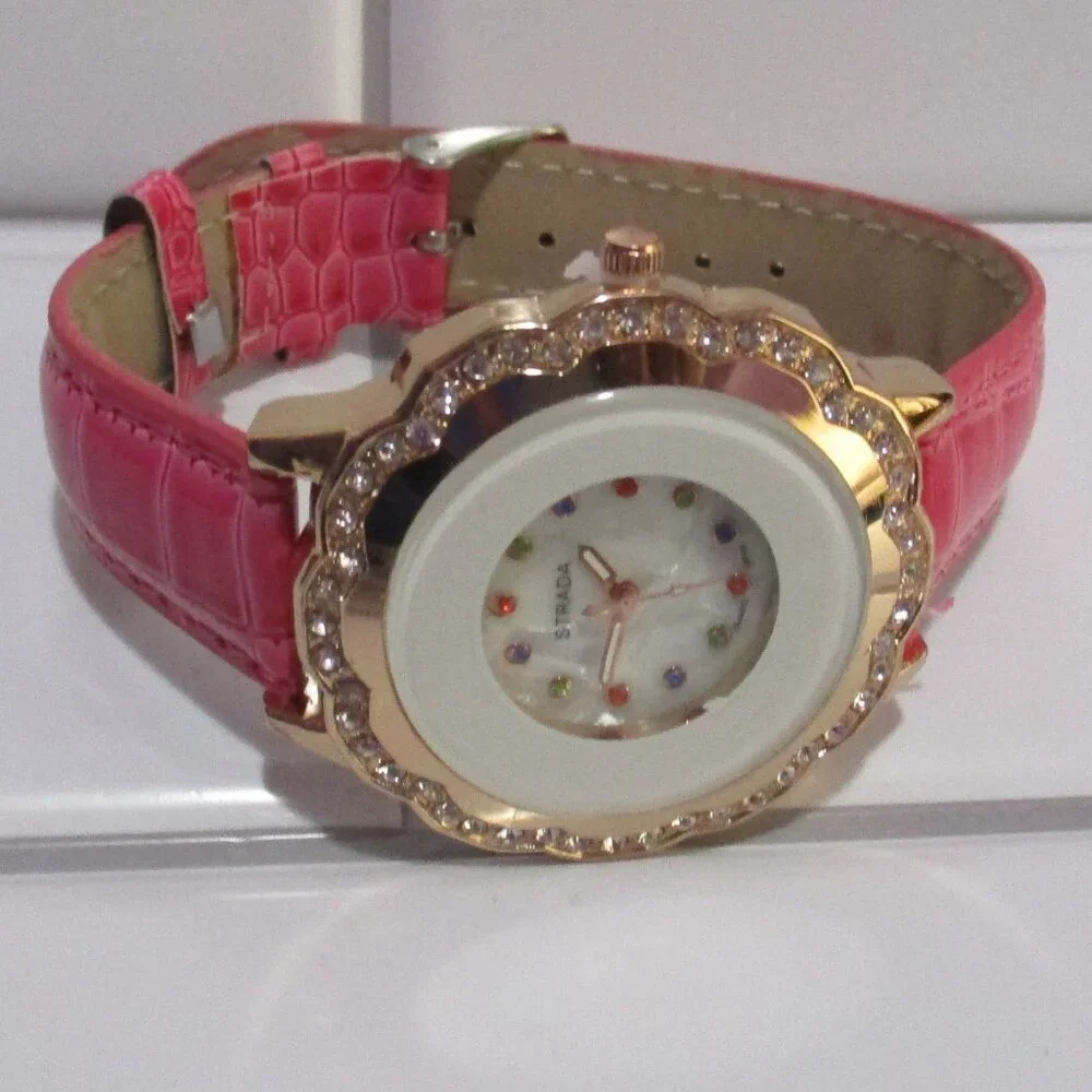 STRADA Watch Austrian Crystal Faux Leather Bnd Pink
